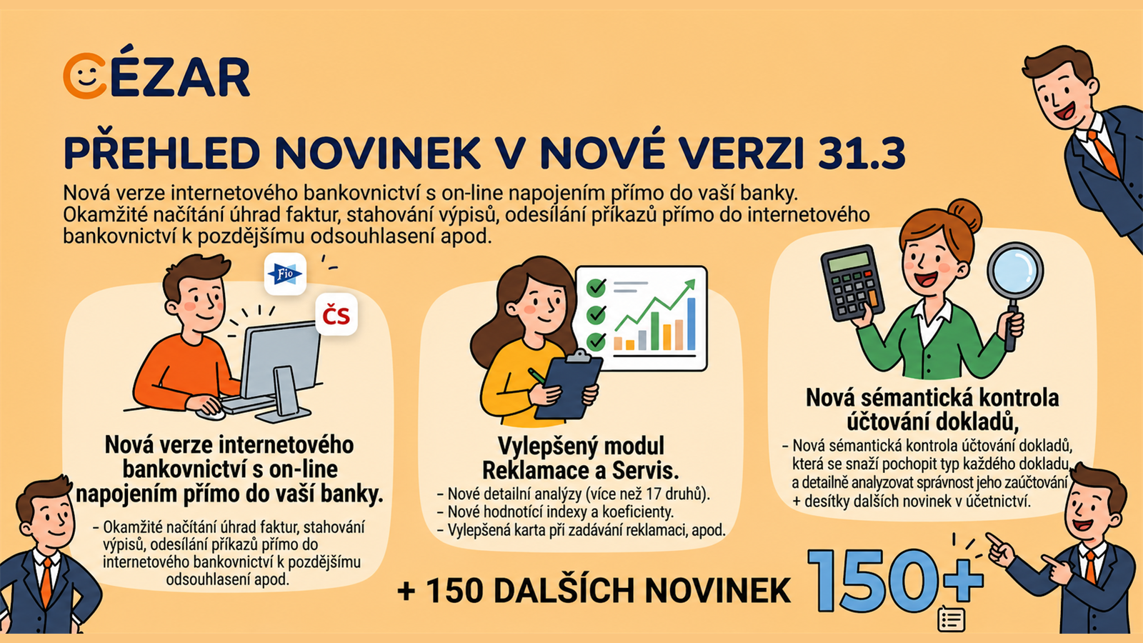 Schv�len� ilustrovan� banner C�zar 31.3: internetov� bankovnictv�, modul Reklamace a Servis a s�mantick� kontrola ��tov�n�; pati�ka uv�d� v�ce ne� 150 dal��ch novinek.